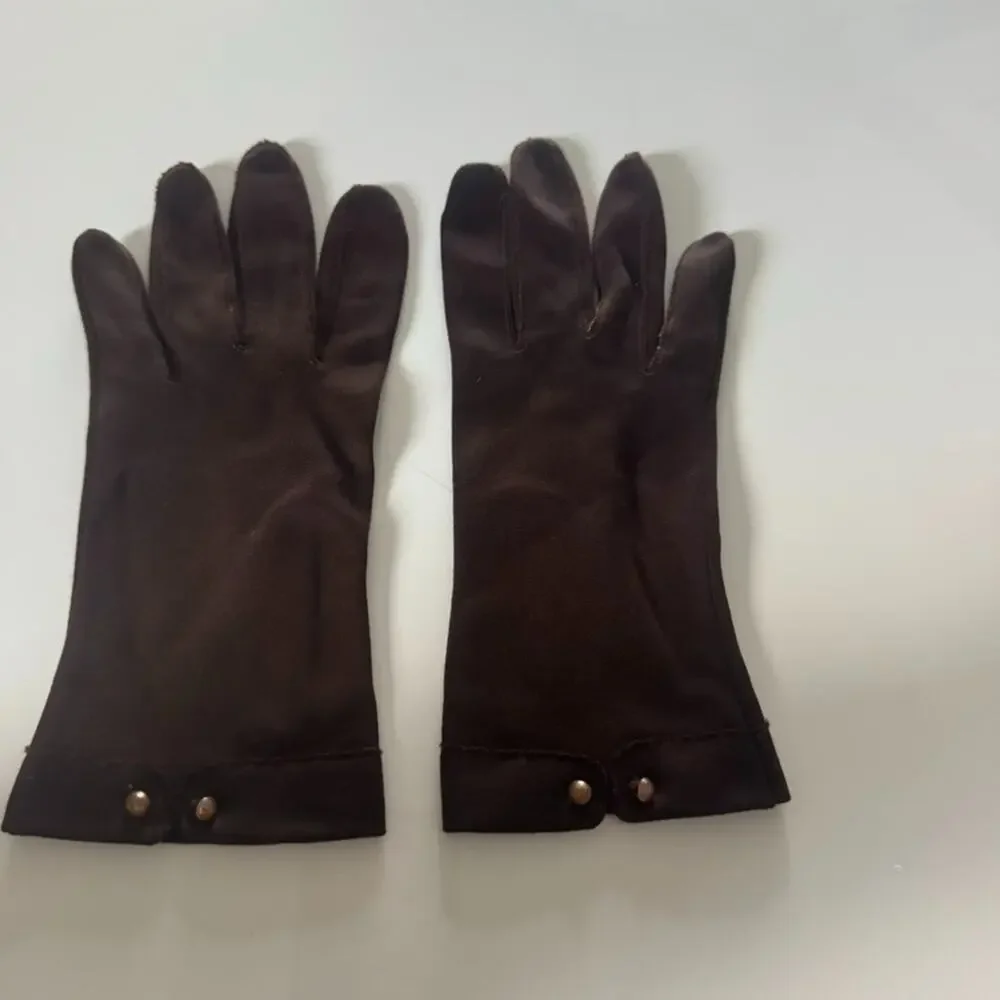 Vintage Brown Dress Gloves Double Woven Fabric with Button Women Size Small